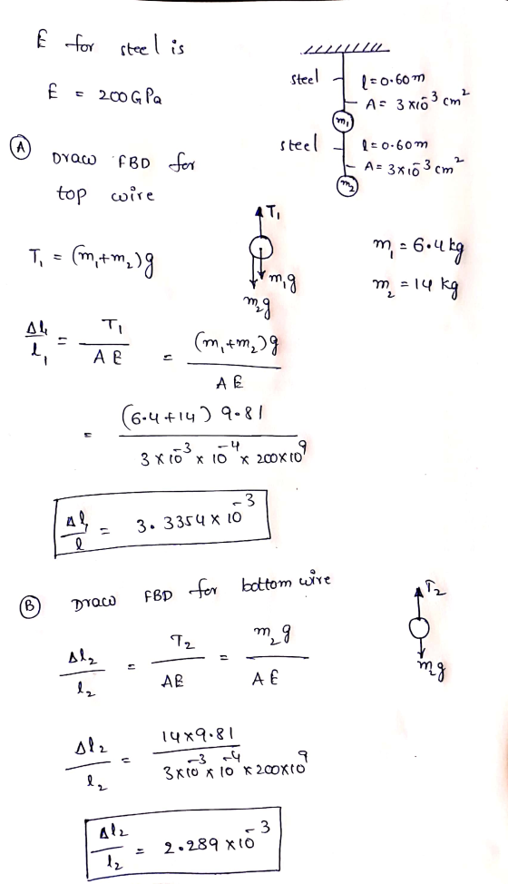 É for steel is E = 200 G Pa Steel + 1=0.60m E A = 3x103 cm for Draw top steel t (50.60m I A= 3x103 cm² FBD wire Ti = (m.tm.ng