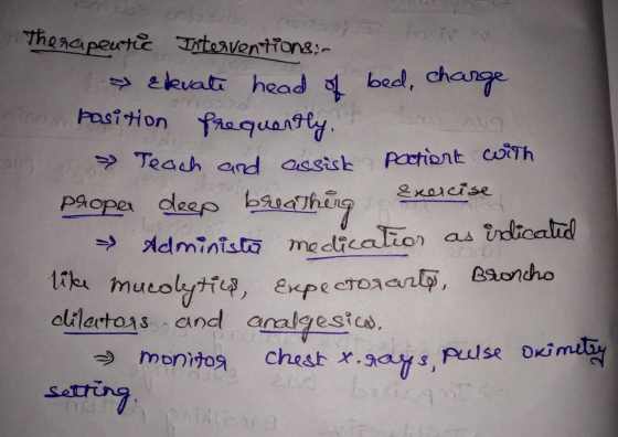 Therapeutic Interventions Ekvate head of bed, charge position frequently. Teach and assist patient with proper deep breathing