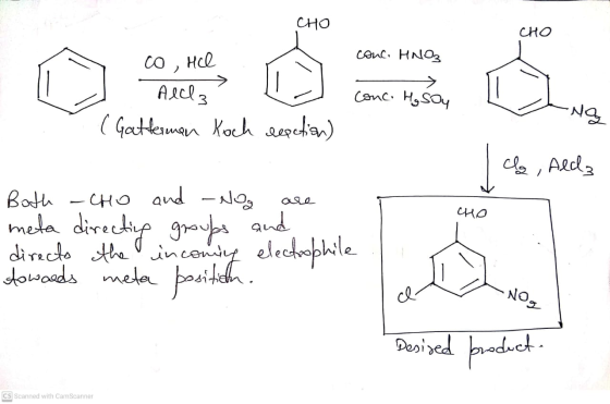 CHO CHO 00, Hel conc. HNO3 conc. Hg Soy Alcz (Gatterman Koch reaction) -ng clo i Ald CHO Both - cho and Nog groups and direct
