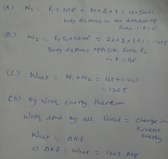 (A) W = (B) W F.S, coso = 80x2x1 = 160 Joule body dis places in the direction of Force dozoo - F.S2 G Cus 180° - 20x2x(-4)=-4