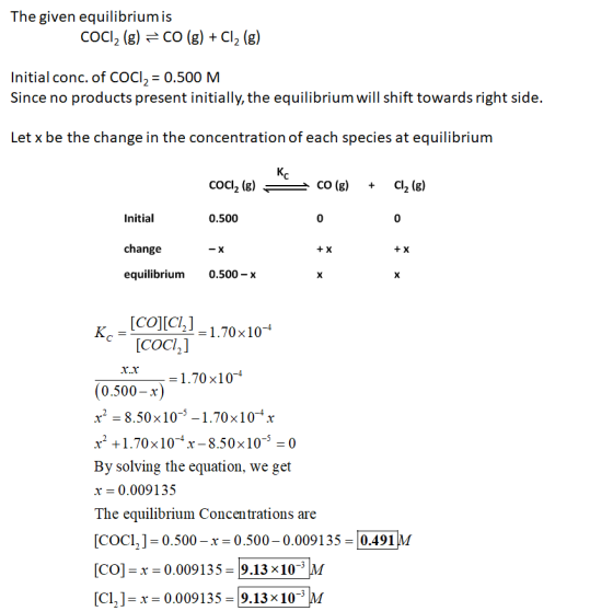 The given equilibriumis COCI2 (g) = CO (g) + Cl2 (g) Initial conc. of CoCl2 = 0.500 M Since no products present initially, th