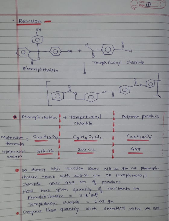 Reaction OM - Terephthaloyl chloride phomorphthalein Phonolphthalein. I • Phenoph thalein + Terephthaloyl of polymer product