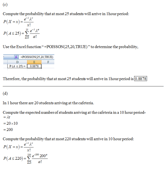 c) Compute the probability that at most 25 students will arrive in 1hour period: P(X = x) = *** x! P(A< 25) = Vela Use the Ex