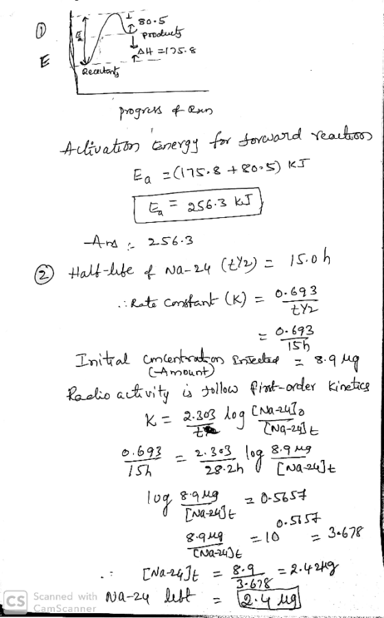 i 80.5 le products 011-- A4 =125.8 1 - T Reactants progress of Run Allivation Energy for forward reactions Ea =(175,8 +80-5)
