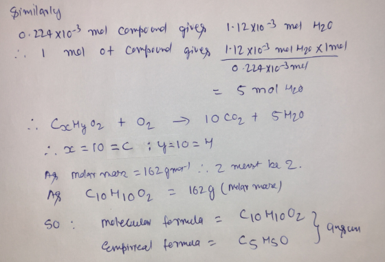 Similaly o.224 X10 mol Compe onol gives 1-12 Y1O3me H20 ot Compeundl gives 12 x103 mel Mge Imu ... 1 mol O 224X10-3m IO Co2 t