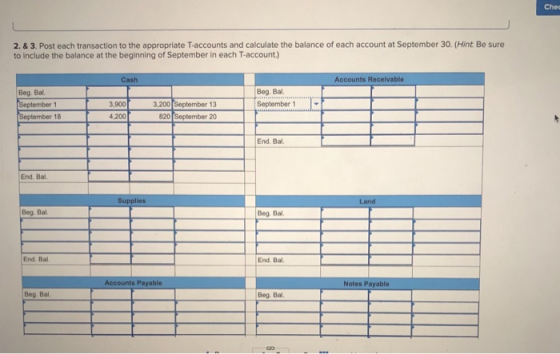 Chee 2. &3. Post each transaction to the appropriate T-accounts and calculate the balance of each account at September 30. (Hint Be sure to include the balance at the beginning of September in each T-account) Cash Accounts Receivable Beg. Bal. September 1 Beg. Bal September 1 3,900 3,200September 13 mber 18 820 r 20 End. Bal End. Bal. Supplies Land Beg. Bal Beg Bal End. Bal End. Bal Accounts Payable Notes Payable Beg. Bal Beg. Bal