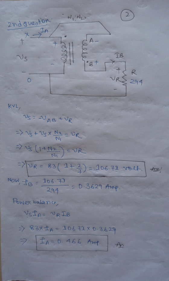 2nd question IA + AL لوووه relle Us TB CR VR3 294 KVL, US=UAB TUR => Us + Us x N2 = VR NI => Us (1+N2) = VR =>UR = 83 ( 1+ 2)