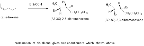 Br Hас. Н Hас. Br2/CCI4 ....H Br + CH2CH2CH3 Br A CH2CH2CH3 Br (Z)-2-hexene (2S,3S)-2,3-dibromohexane (2R,3R)-2,3-dibrom ohex