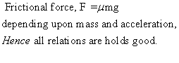 Frictional force, F-umg depending upon mass and acceleration,. Hence all relations are holde good
