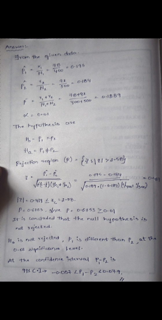 Anvier from the given cheta. Р. 18 400 -0.195 42 500 0184 P₂ N 78442 0.1889 P - Yoo + 500 ve 0.01 The hypothesis are H-P.-P2
