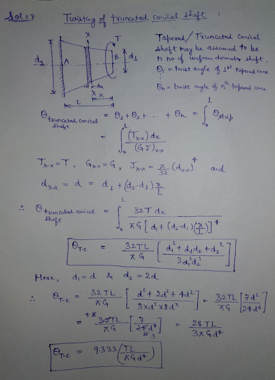 Sol:7 Twisting of truncated conical shaft Tapered Truncated conical shaft may be assumed to be h no of uniform diameter shaft