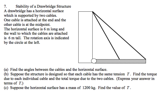 7. Stability of a Drawbridge Structure A drawbridge has a horizontal surface which is supported by two cables. One cable is attached at the end and the other cable is at the midpoint. The horizontal surface is 6 m long and the wall to which the cables are attached is 6 m tall. The rotation axis is indicated by the circle at the left. (a) Find the angles between the cables and the horizontal surface. (b) Suppose the structure is designed so that each cable has the same tension T. Find the torque due to each individual cable and the total torque due to the two cables. (Express your answer in terms of T.) (c) Suppose the horizontal surface has a mass of 1200 kg. Find the value of T