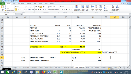 STATS -Microsoft Excel (Product Activation Failed) Page Layout Formulas File Home Insert Data Review View Add-Ins Z AutoSum C