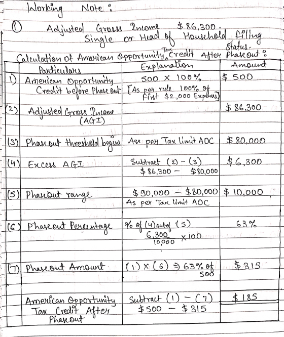 (0.x (6) 3) 634.05 -Tan alorking Note a Adjusted Grosss Income $ 86,300 Single or Head of Household filling Calculation of Am
