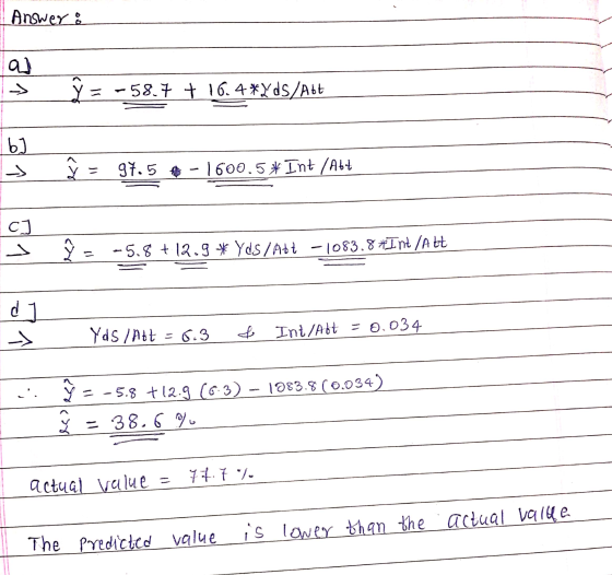 Answer: y = -58.7 + 16.4**ds/Att > Â = 94.5 -1600.5* Int /Abt _ s ĝ = -5.8 +12.9 * YDS / Att -1083.8*Int /Att dy > Yds / Att