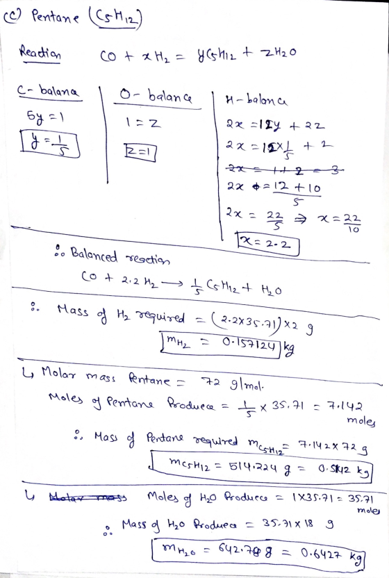 (②) Pentane (C5H12) Reaction CotxH₂ = USHI2 + 2H2O C-balana o-balance I H-balanca 5y = 1 Iz [yo5 | Zall 2x = 12y + 22 2x = 19