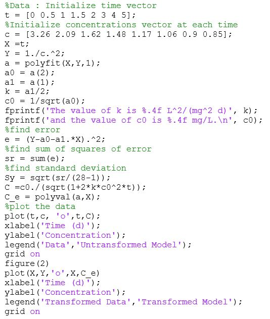 24 moliz. anti koji Data : Initialize time vector t = [0 0.5 1 1.5 2 3 4 5); Initialize concentrations vector at each time c