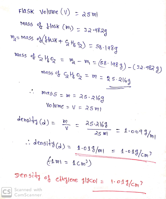 Flask Volume (V) - 2smi mass of Hask (m) = 329829 my a mass of Hask + S +6 %) = 58.1989 mass of G H O2 = Ma - m - 58.1989) -(