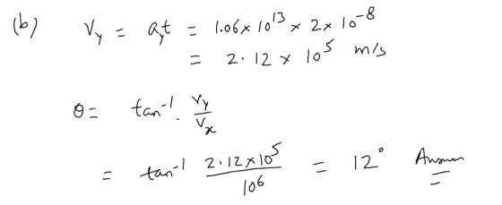 (b) Vy = at at = 1.06x1013 1.06x1013x 2x 10-8 2.12 x los mis o = tan! Yу Х 12° Answer = tanil 2.12010 Il 106