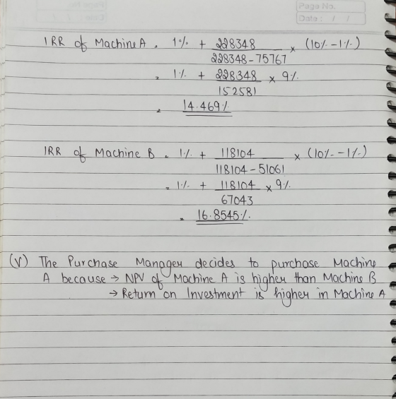 Page No. Date : IRR of Machine A * 10% + 288348 (104-111-) 228348 - 75767 1% + 298348 X х 914 15258) 14.469 % IRR of Machine