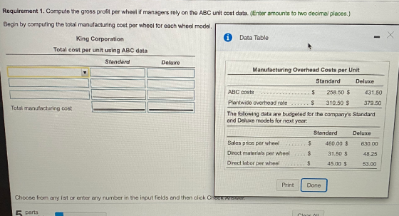 Requirement 1. Compute the gross profit per wheel if managers rely on the ABC unit cost data. (Enter amounts to two decimal p