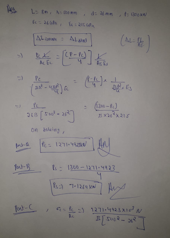 L=8m, r = 500mm , di 26 mm , P = 1300KN Ec = 26 apa Es = 215 GP | Alicnude = Alstad / (Alpha 1 1) (4) marts - PC (1300-Pc) 1