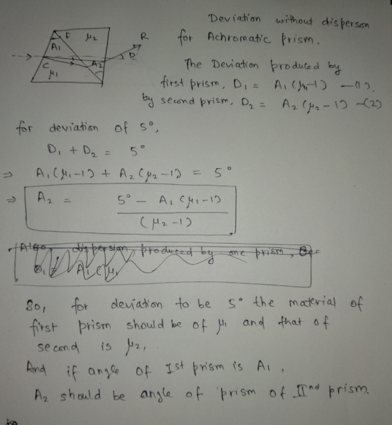 Dev iaton usithoud dis person R. P for Achromatic Prism Ai The Deuiet on produad b irst prism, D A seind prism, DA2 (-1 -(2)