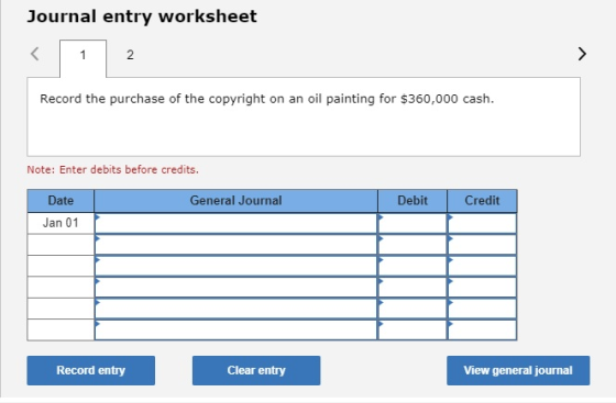 Journal entry worksheet Record the purchase of the copyright on an oil painting for $360,000 cash. Note: Enter debits before