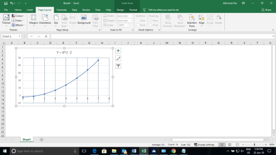 Abhishek Rai _ Chart Tools Book4 - Excel Formulas Data Review View Help Design Format Tell me what you want to do Home nsert Page Layout Gridlines Headings Colors A Fonts Width:Automatic Height: Automatic-| | View | 1x1 View Bring Send Selection Align Group Rotate Margins Orientation Size Print Breaks Background Print Area Print Print Forward Backward Pane Titles | Scale: 110% Effects Scale to Fit Sheet Options Page Setup Chart 1 12 13 15 17 20 21 Shee + 100% Display Settings 圈1回凹ー Average: 9.5 Count 18 Sum: 152 ENG US 5:38 PM 23-Jan-19 ^ :r x Type here to search