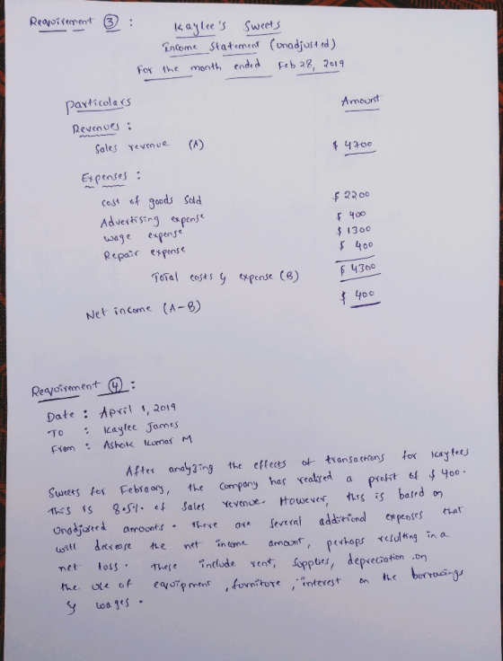 Reaoirement kaylees Sweets Income Statement (onadjust ed) For the month ended Feb 28, 2019 Particolars Amount Revenues : Sal