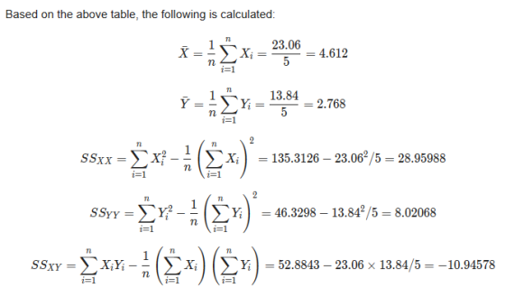 Based on the above table, the following is calculated: n * = 1 X; = 23.06 5 = 4.612 n 72 Y ΣΥ; = 13.84 5 2.768 n i=1 SSxx= x