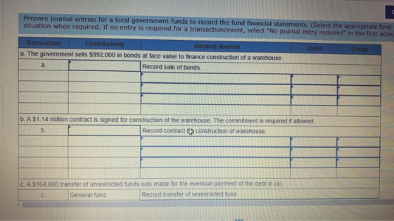 Prepare journal entries for a local government funds to record the fund financial statements. (Select the appropriate fund si