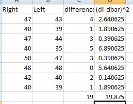 C Right Left 47 40 47 40 difference (di-dbar)^2 43 4 2.640625 39 1 1.890625 44 3 0.390625 35 5 6.890625 47 3 0.390625 48 05.6