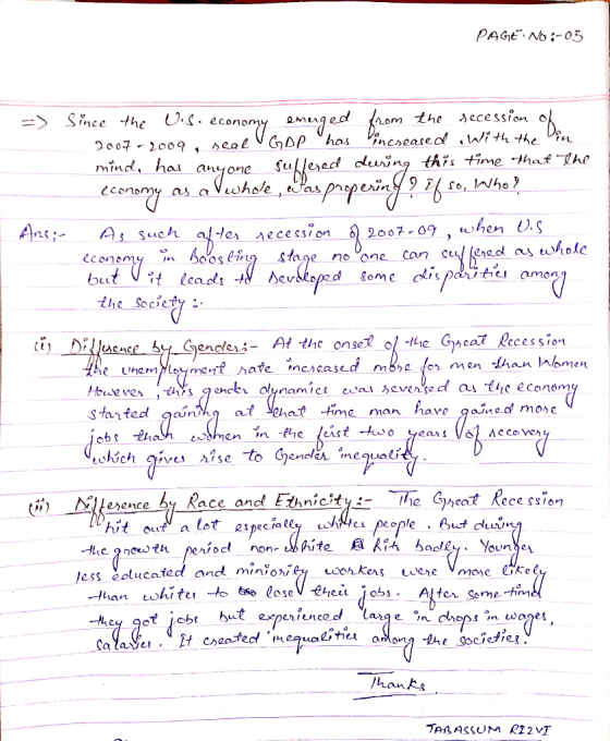 PAGE NO :-03 . =) Ans: i Since the Us. economy emerged from the recession of 2007-2009, seal GDP has increased with the Din m
