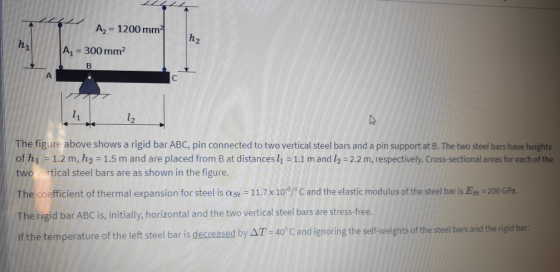 A = 1200 mm h2 h A = 300 mm B A 41 12 The figure above shows a rigid bar ABC, pin connected to two vertical steel bars and a