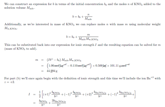 We can construct an expression for b in terms of the initial concentration by and the moles n of KNO3 added to the solution v