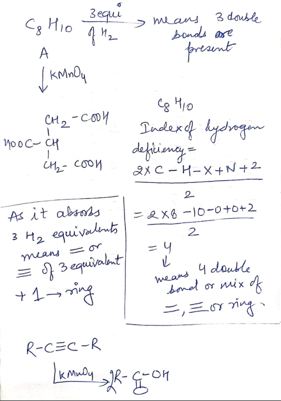 Зещи Cohio of H₂ a means 3 double bonds are present A (KMnOu CH₂ - Cool Yoo C-CH CH₂ - coon Co Hio Index of hydrogen deficien