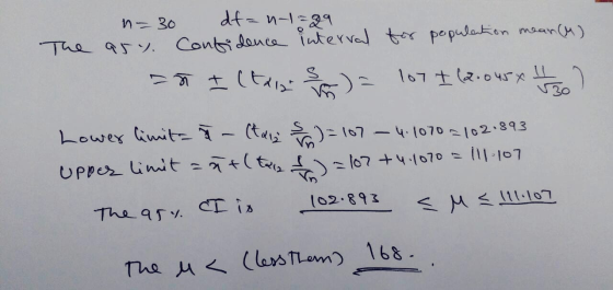 n=30 df=n-1=29 The a54. Confidence interval for population mean() so I (triz )= 107 +(2.04x4) Lower limit= 7 - (taiz =) = 107