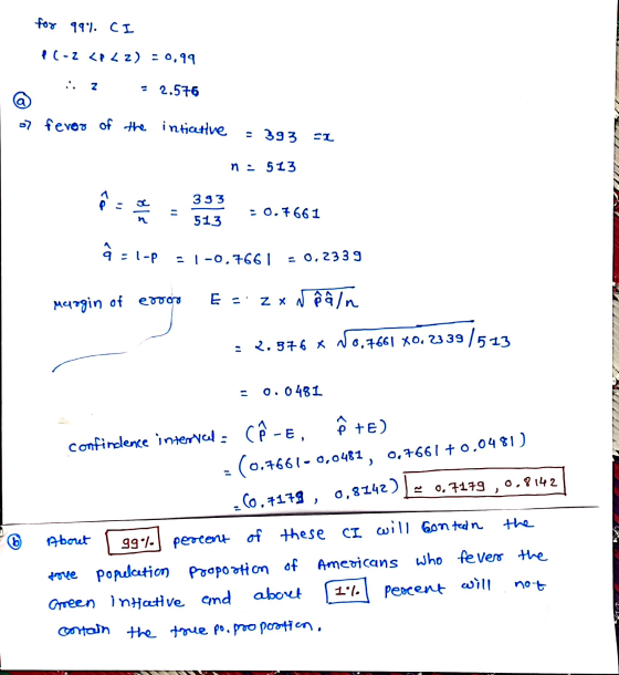 for 99%. CI P(-2 <p Lz) - 0.99 = 2.576 o feror of the inticative = 393 EL n. 513 393 ols - = 0.7661 513 q= å = 1-P - | -0.766
