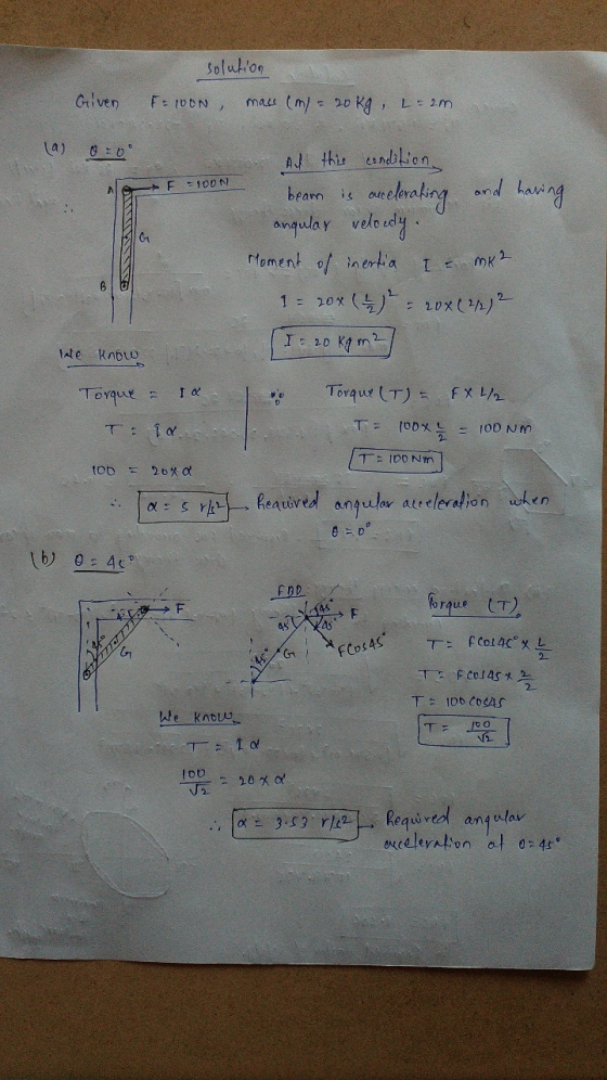 solution Civen F: 10DN mau (m/20 KA, L2m 1 la) AJ this condilien 100N F ouceakingd awng anqular veloudy bearm is Y Moment of
