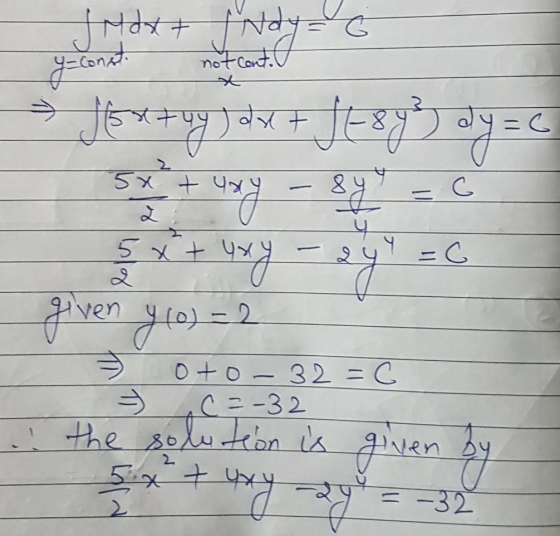 वत्र+ d y=const. not cont. JS - - - - - - 5x + 4xy - 899 = - - 6 + 4xy – 24 5x + 4xy - =C given y (o) - 2 0+0-32 = C =-32 the