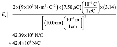 E-
2x(9x10°N-mº-C?)x(7.50 uc)( 10 )*(3.14)
(10.09cm) 0.COM)
= 42.39x10N/C
42.4x10 N/C