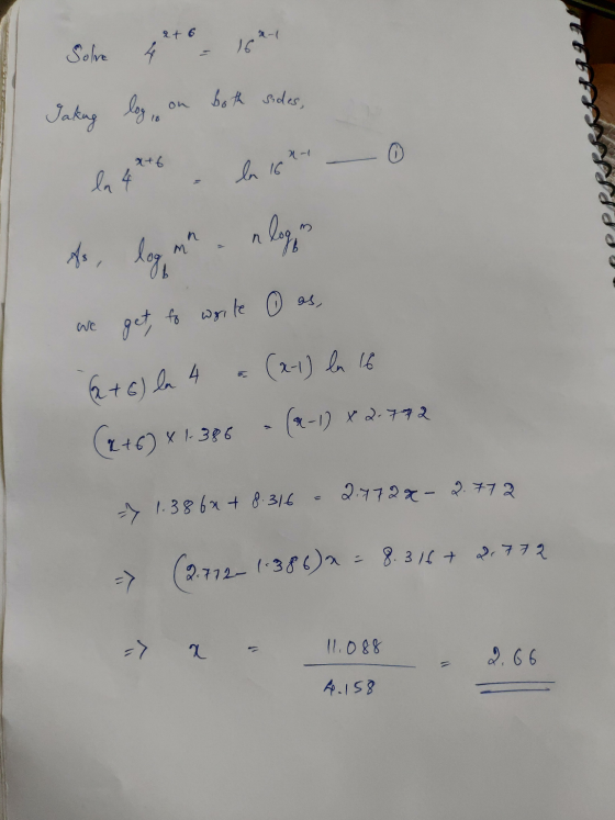at 6 Solve 4** 16 both sides, on Jakug log 10 x-1 x+6 In 16 to lag, enn leyi we get, to write o es, (2+6) la 4 (x-1) ln 16 (2