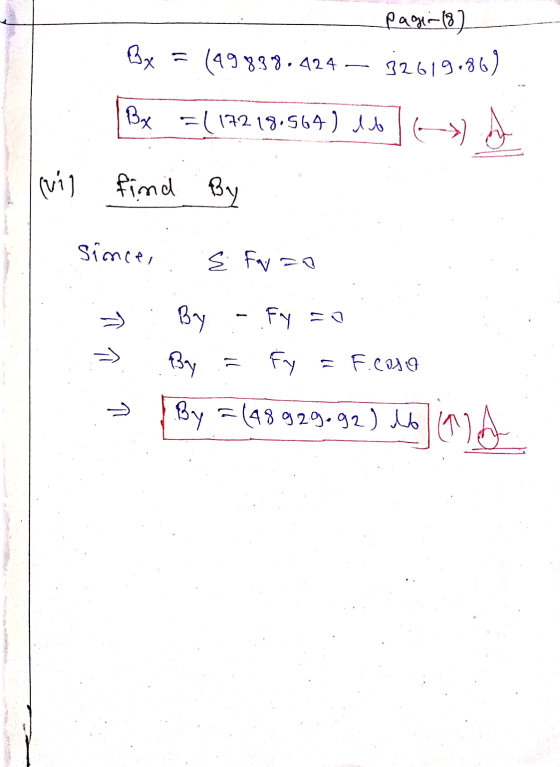 Bx pagi-(8) 32619.86) = (49838.424 Bx = (17218.564) It (vi) find By Since, E Fw=0 By Fy =0 -> Bay - Fy = F.coso By =(48929-92
