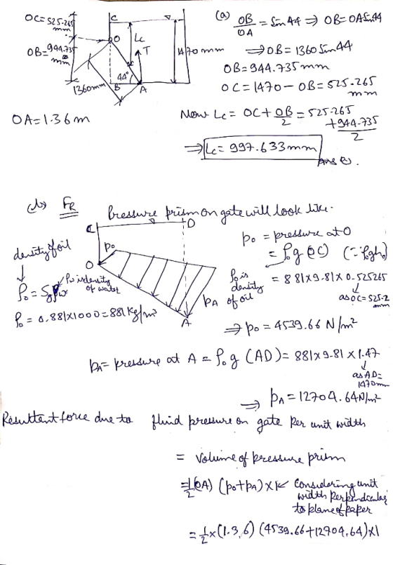 OCE S2S2 OB mm R_944.734 bommy TA (a) OB = fm 44 ) OB=OASA DA Tuzomm 90 B= 1360 Sin 44 OB=944.735 mm OC=1470-0B-525.265 mm No