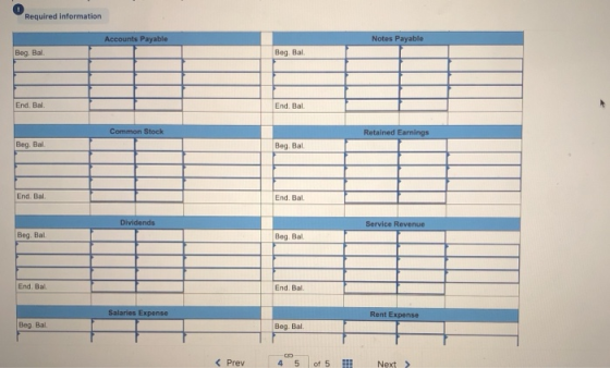0 Required information Accounts Payable Notes Payable Beg. Bal. Beg. Bal End. Bal End. Bal Common Stock Retained Earnings Beg. Bal. Beg. Bal, End. Bal End. Bal Dividends Beg. Bal. Beg. Bal End. Bal. End. Bal Salaries Expense Rent Expense Beg. Bal. Beg. Bal. <Prev 4 5 of 5 Next >