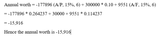 Annual worth =-177896 (A/P, 15%, 6) + 300000 * 0.10+9551 (A/F, 15%, 6) =-177896 * 0.264237 + 30000 + 9551 * 0.114237 =-15,916