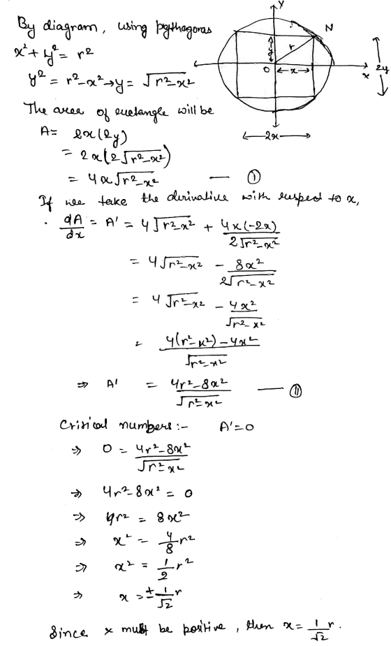 N By diagram using pythagoras x + 4y = re ye = r2_x²=y= Jr2_x2 of euctangle Or 24 will be The area A= falley) -29- dx 8x² 2 =