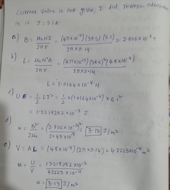 reverse calcolather current value is not given, I Ven I did is it I = 5.1A a) B = MONI (471X187) (385) (5.1) = 2.805 x 103, 2