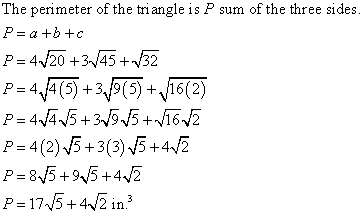 The perimeter of the triangle is P sum of the three sides. P= a +b+c P = 420 +3.J45 +32 P=4,14(5) +3,19(5) + (16(2) P=474.5+3